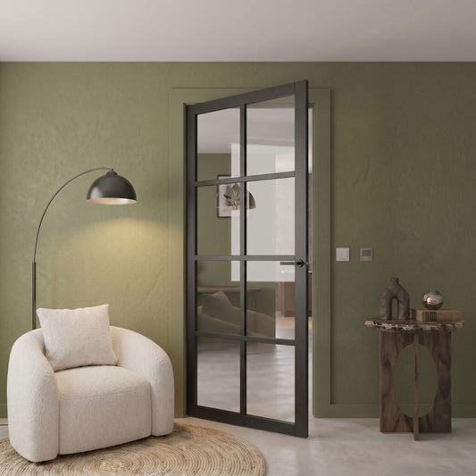 XL Joinery Internal Black Laminate Haringey 8 Panel Glazed Industrial Style Door With Clear Glass Fully Finished