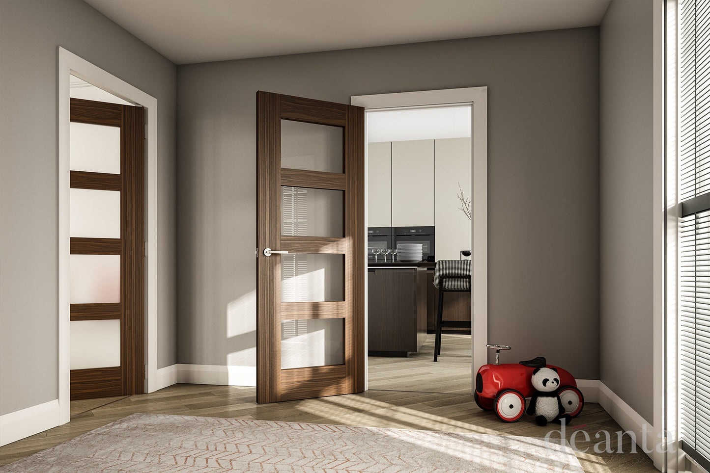 Deanta Internal Coventry Walnut Prefinished Glazed Fire Door