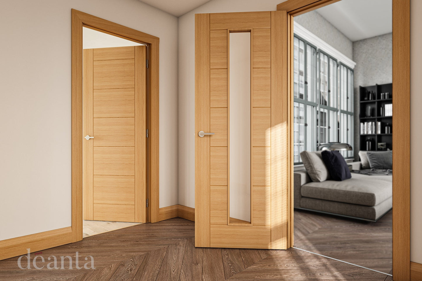 Deanta Internal Seville Oak Prefinished Glazed Door