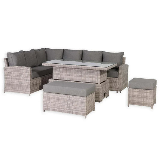 Rattan Republic Large Corner Garden Dining Set with Rising Table in Beige/Grey Left Hand