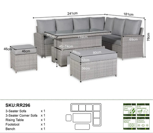 Rattan Republic Large Corner Garden Dining Set with Rising Table in Beige/Grey Right Hand