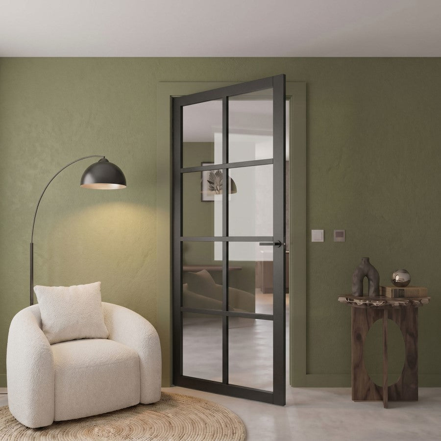 XL Joinery Internal Black Laminate Haringey 8 Panel Glazed Industrial Style Door With Clear Glass Fully Finished