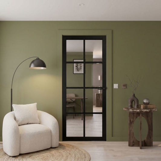 XL Joinery Internal Black Laminate Haringey 8 Panel Glazed Industrial Style Door With Clear Glass Fully Finished