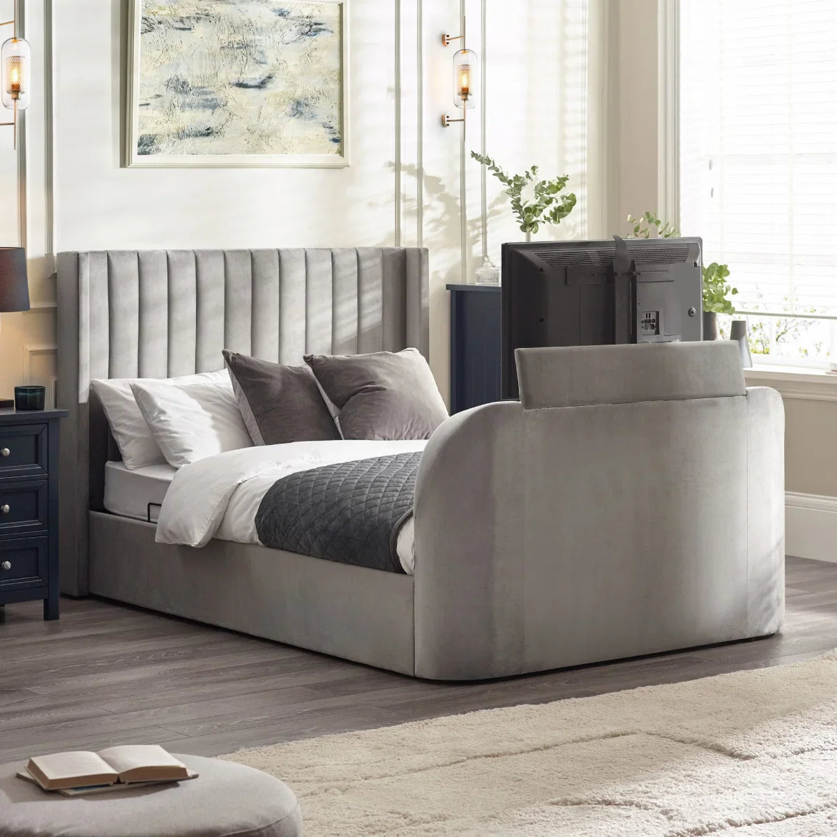 Trinity Clara Side Lift Ottoman Light Grey Fabric TV Bed
