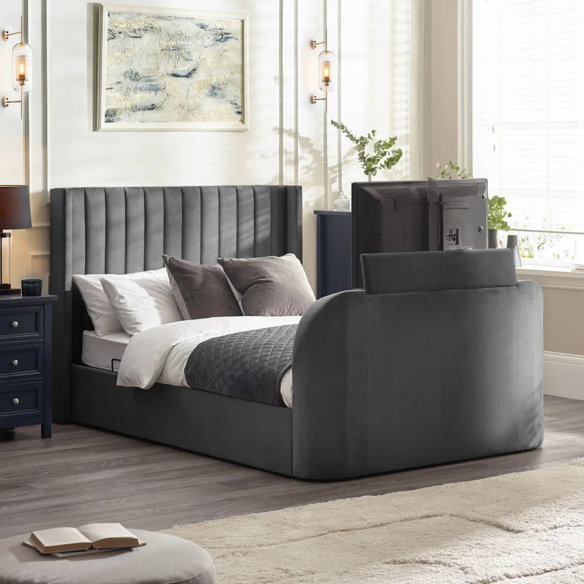 Trinity Clara Side Lift Ottoman Dark Grey Fabric TV Bed