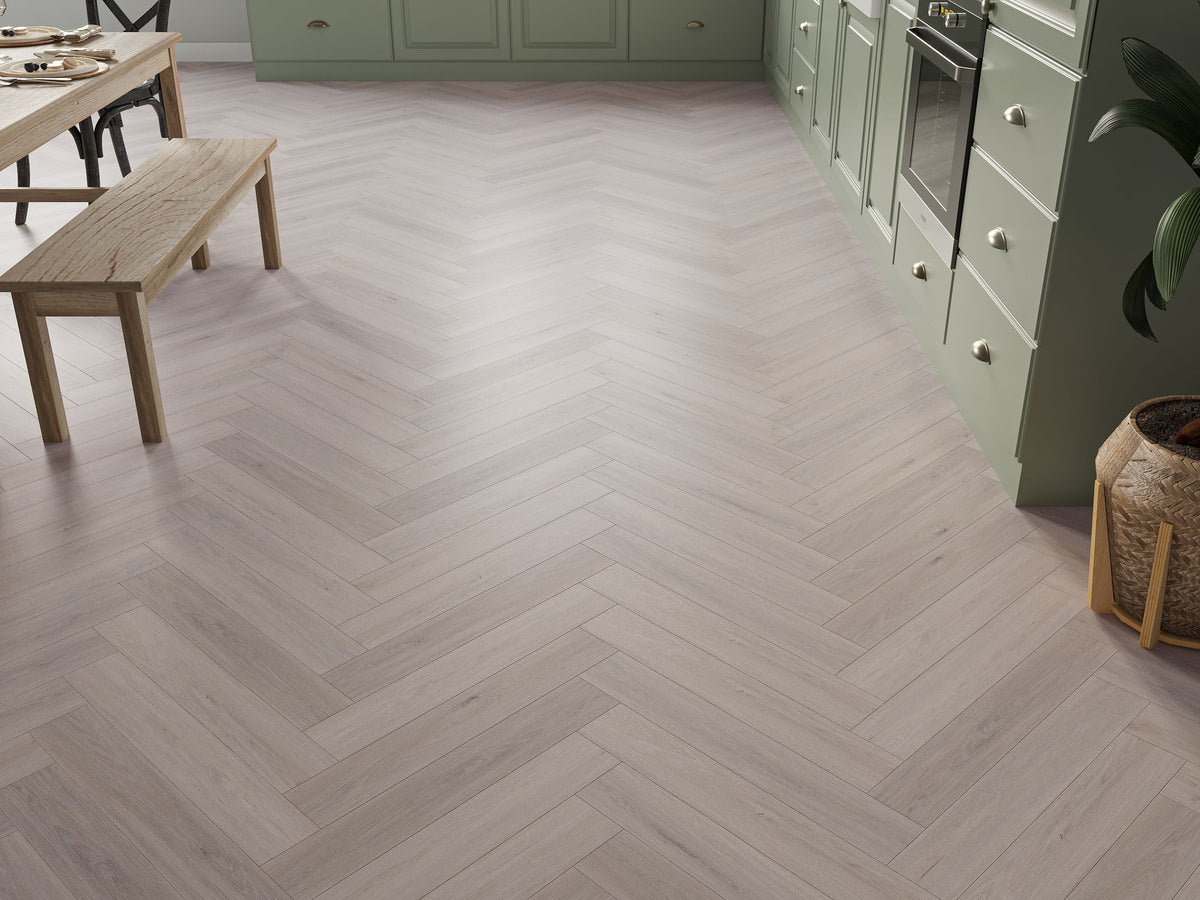 Liberty Lux Compton Light Grey Oak 5mm SPC Luxury Vinyl Flooring Herringbone Built In Underlay