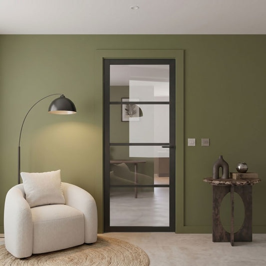 XL Joinery Internal Black Brent Laminate Glazed 4L Industrial Style Door With Clear Glass Pre-Finished