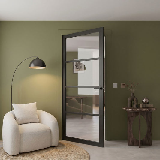 XL Joinery Internal Black Brent Laminate Glazed 4L Industrial Style Door With Clear Glass Pre-Finished