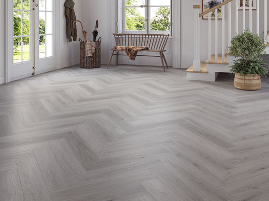 Liberty SPC 6.5mm LVT Flooring Kynance Grey Oak Herringbone Built In Underlay