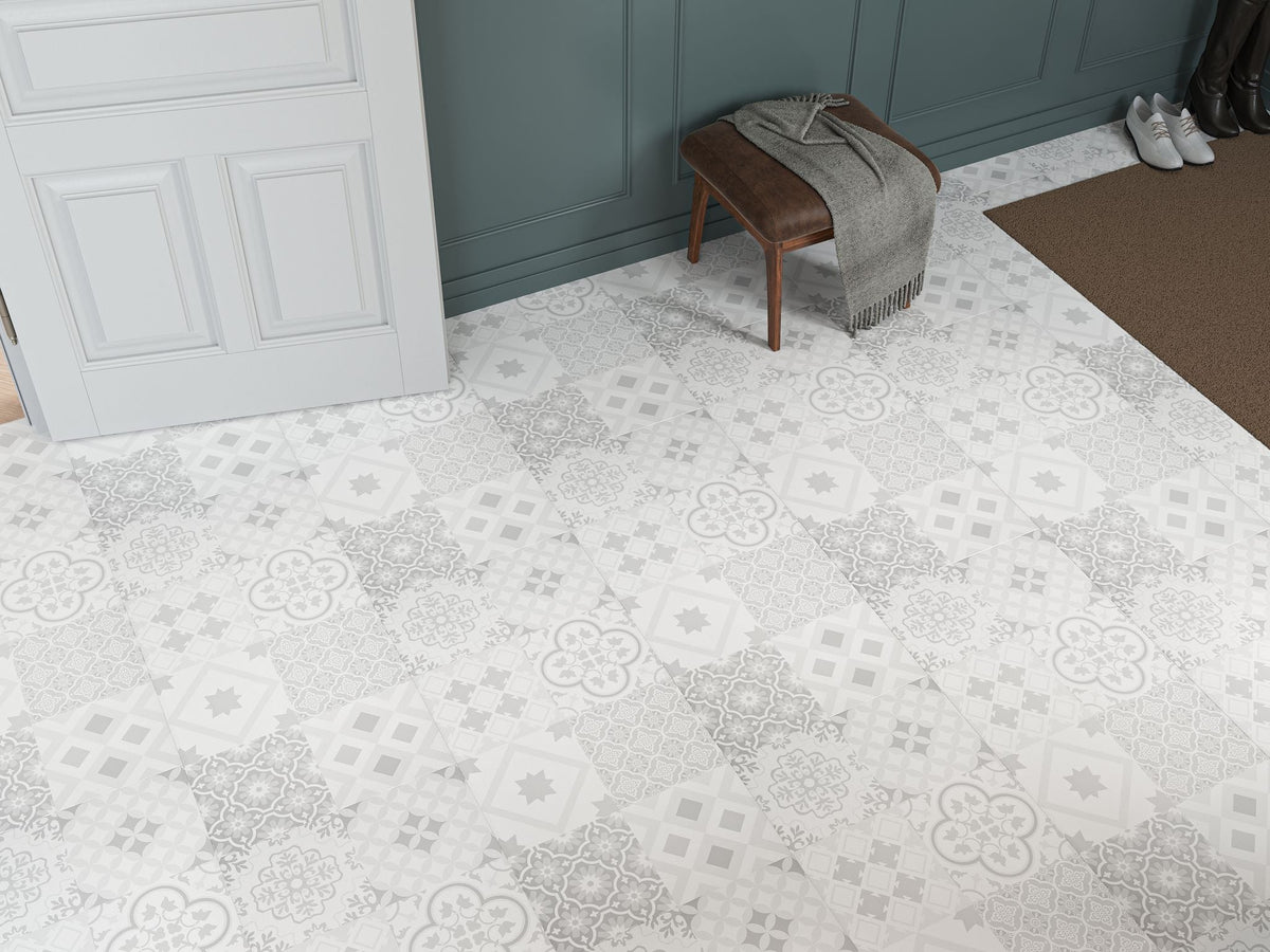 Liberty 8mm Monarch Victorian 8mm Tile Laminate Flooring Kettlebell Grey and White