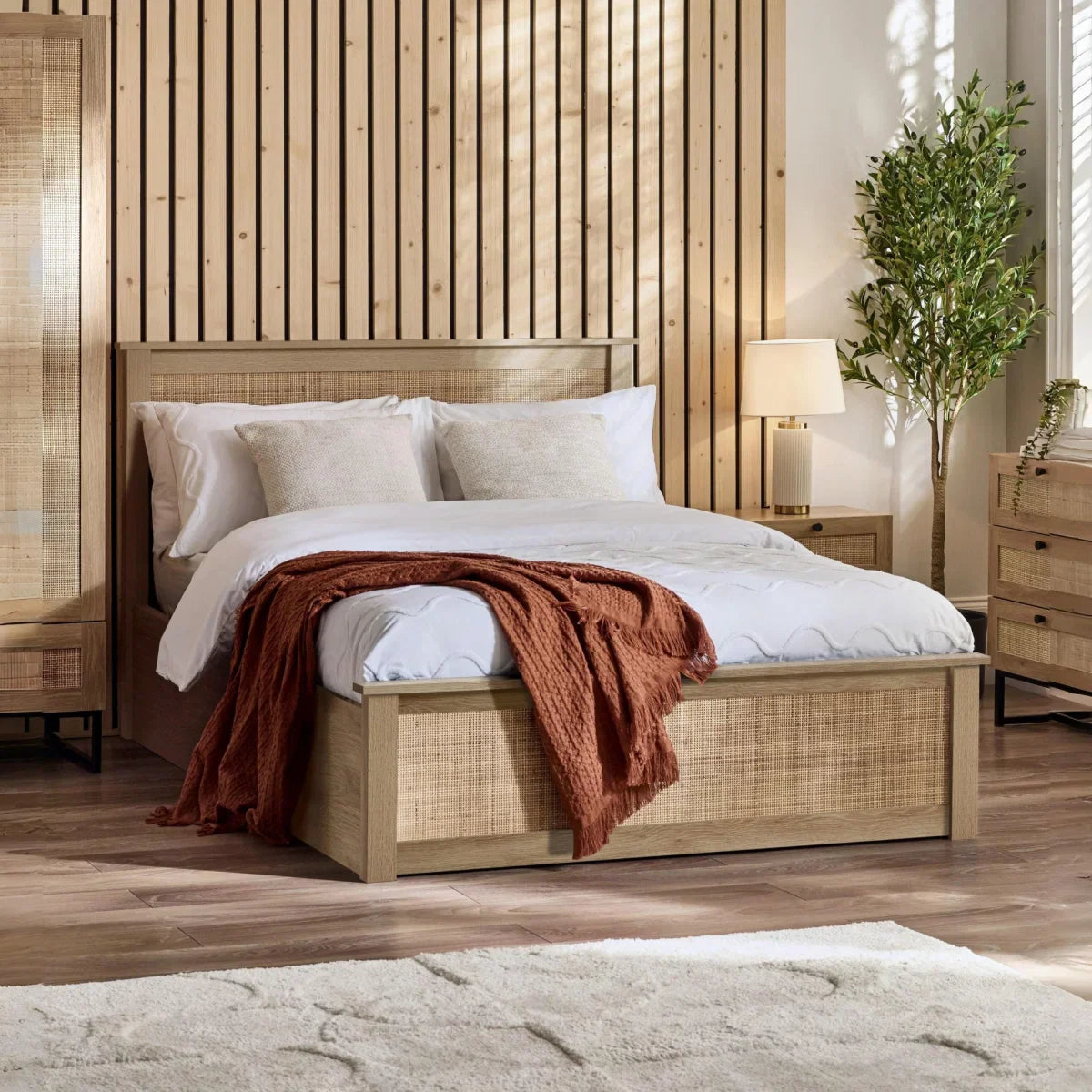 Trinity Padstow Oak Rattan Ottoman Storage Bed
