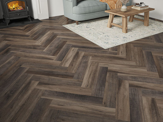 Liberty SPC 6.5mm LVT Flooring Pentle Brown Black Oak Herringbone Rigid Core Built In Underlay