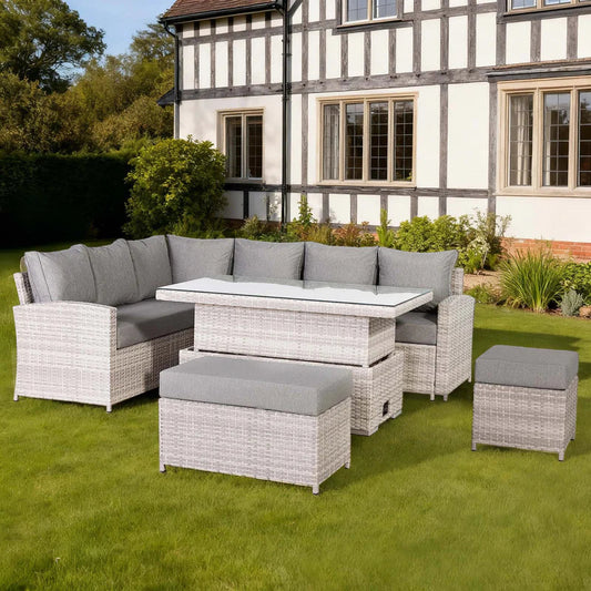 Rattan Republic Large Corner Garden Dining Set with Rising Table in Beige/Grey Left Hand