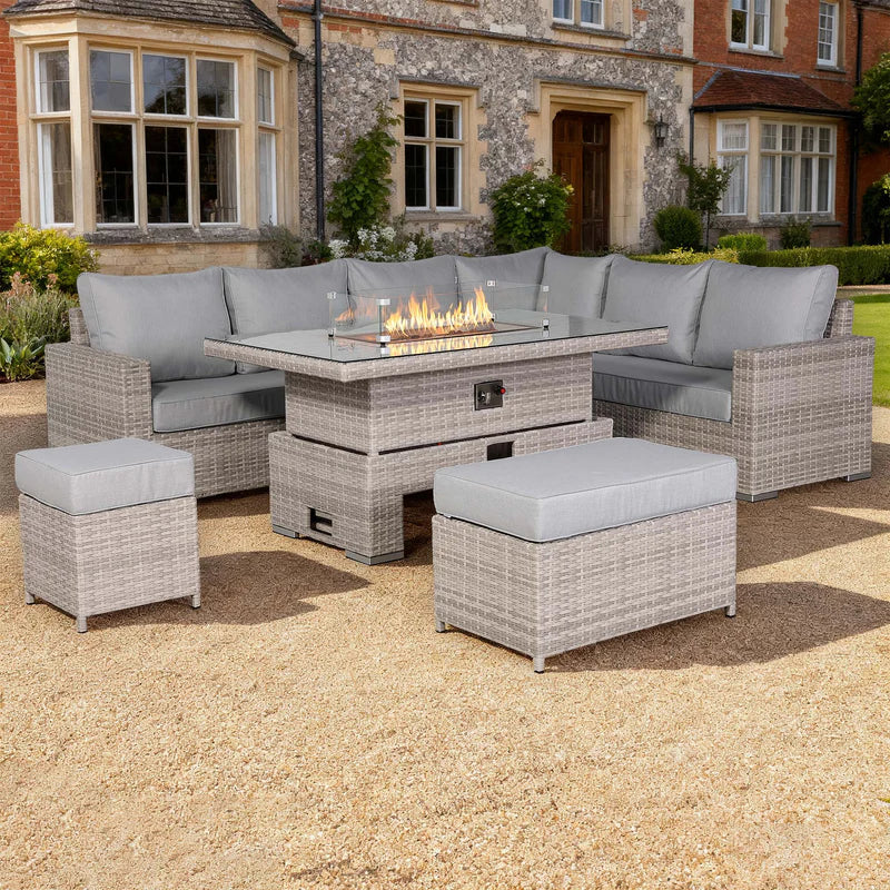 Rattan Republic Large Right-Hand Rattan Garden Corner Sofa Set with Rising Fire Pit
