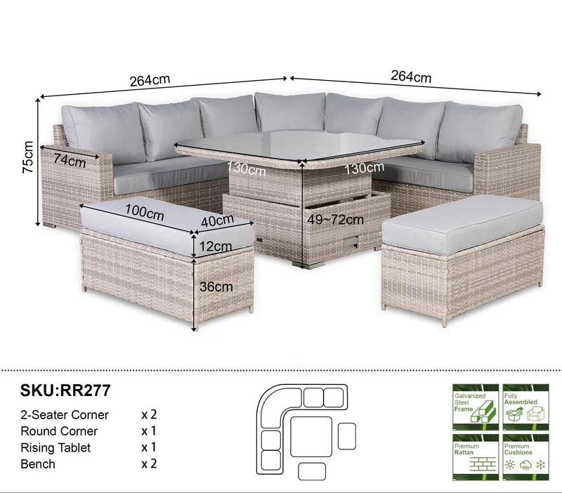 Rattan Republic Large Equal Rattan Corner Garden Dining Set with Rising Table