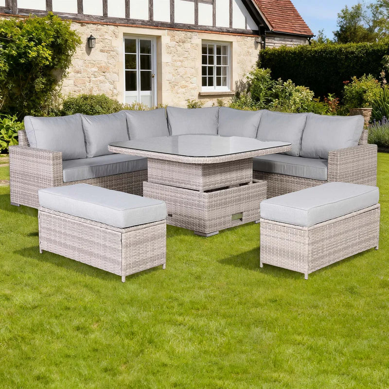 Rattan Republic Large Equal Rattan Corner Garden Dining Set with Rising Table