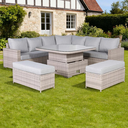 Rattan Republic Large Equal Rattan Corner Garden Dining Set with Rising Table