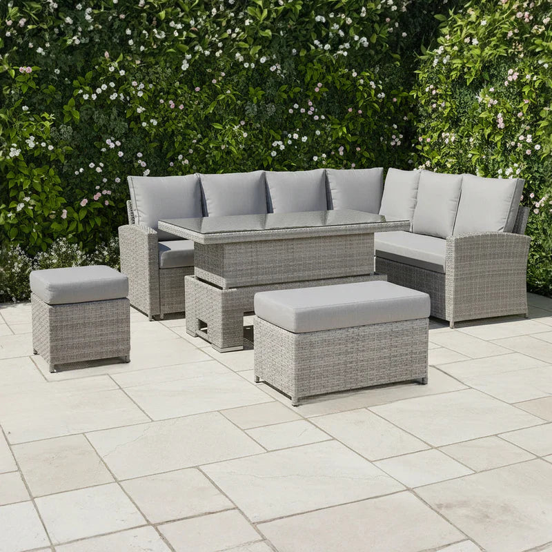 Rattan Republic Large Corner Garden Dining Set with Rising Table in Beige/Grey Right Hand