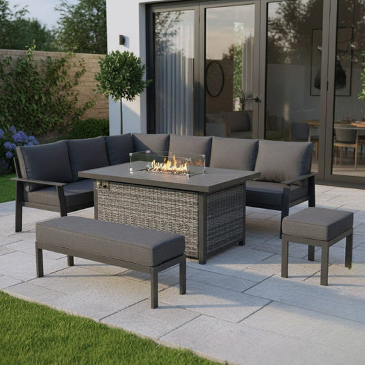Rattan Republic Large Corner Garden Dining Set with Firepit Table Left Hand