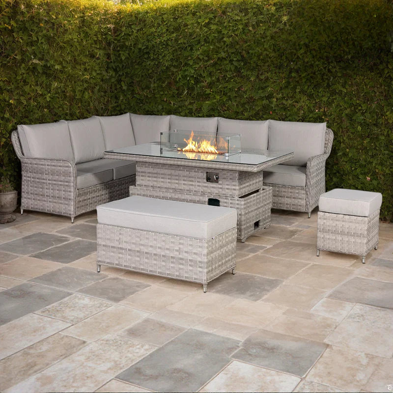 Rattan Republic Large Left-Hand Corner Garden Sofa Set with Rising Fire Pit Table