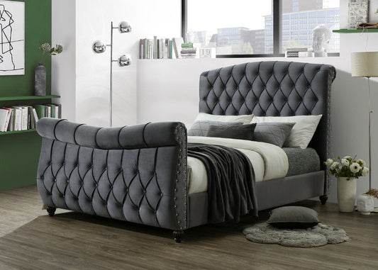 Sareer Lachelle Dark Grey Velvet Fabric Bed