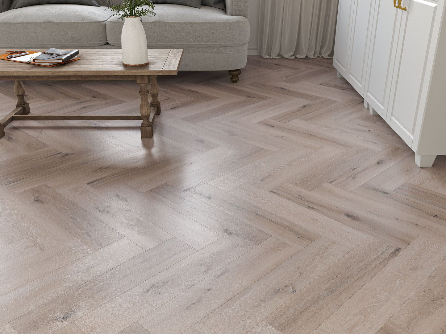 Liberty Lux Studland Whitewashed Grey Oak 5mm SPC Luxury Vinyl Flooring Herringbone Built In Underlay